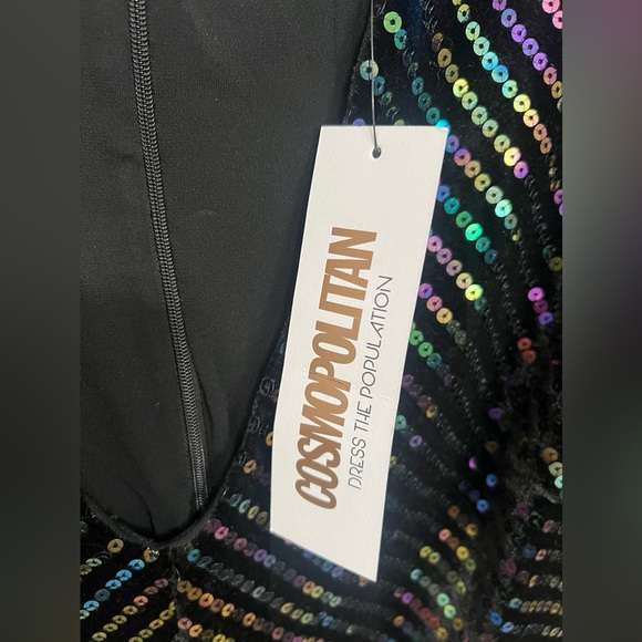 Cosmopolitan Dress the Population Deep V Multi Color Sequin Black Mini Dress - Picture 3 of 4